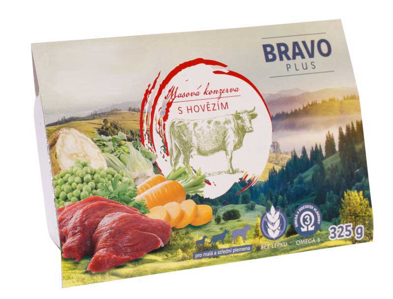 Obrázek BRAVO plus s hovězím pro psy - konzerva 325g Obrazek BRAVO plus s hovězím pro psy - konzerva 325g