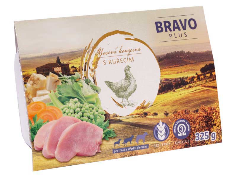 Obrázek BRAVO plus s kuřecím pro psy - konzerva 325g Obrazek BRAVO plus s kuřecím pro psy - konzerva 325g