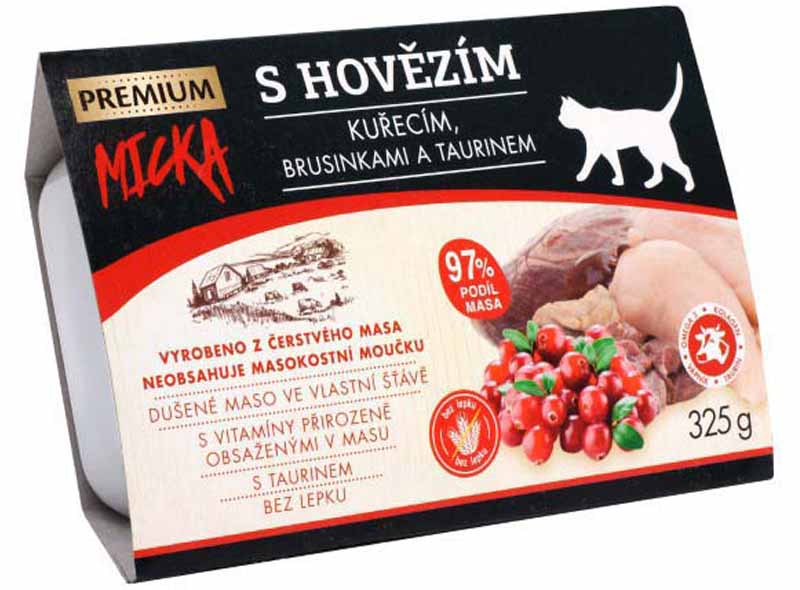 Obrázek MICKA PREMIUM s hovězím, kuřecím, brusinkami a taurinem - vanička 325 g Obrazek MICKA PREMIUM s hovězím, kuřecím, brusinkami a taurinem - vanička 325 g