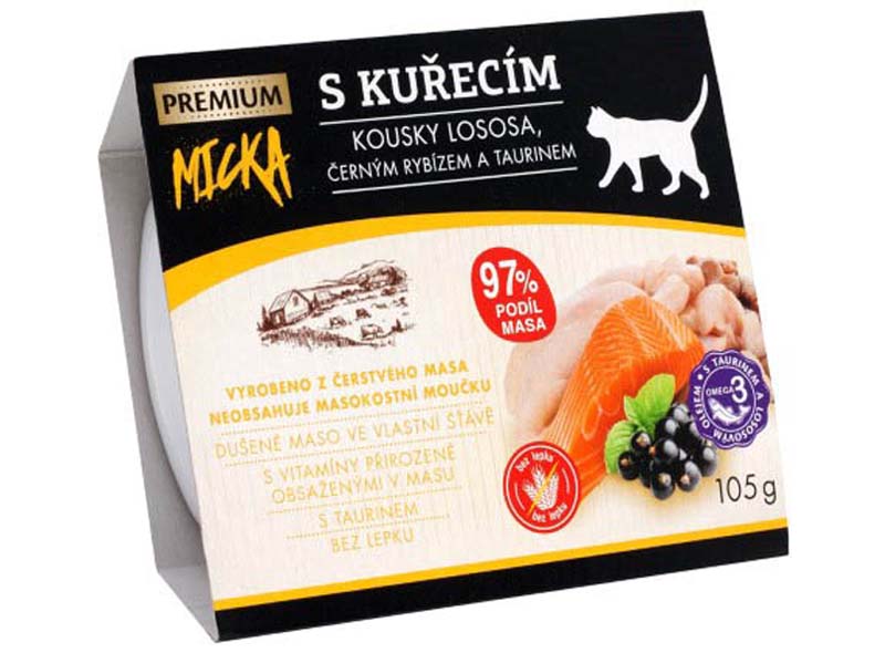 Obrázek MICKA PREMIUM s kuřecím, kousky lososa, černým rybízem a taurinem - vanička 105 g Obrazek MICKA PREMIUM s kuřecím, kousky lososa, černým rybízem a taurinem - vanička 105 g