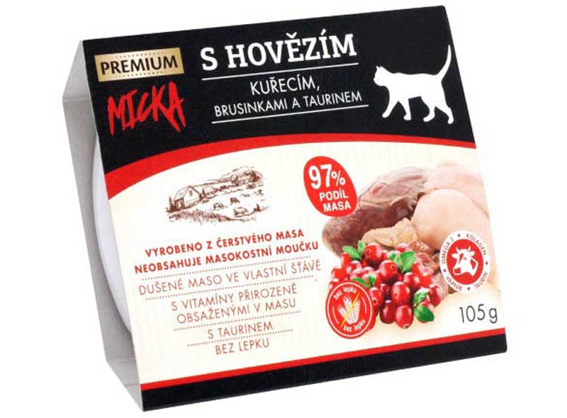 Obrázek MICKA PREMIUMs hovězím, kuřecím, brusinkami a taurinem - vanička 105 g Obrazek MICKA PREMIUMs hovězím, kuřecím, brusinkami a taurinem - vanička 105 g